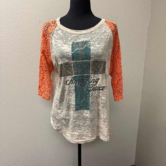 Southern Grace Amazing Grace Cross Burnout Lace Sleeve Boho Top Tan Coral - Picture 2 of 10